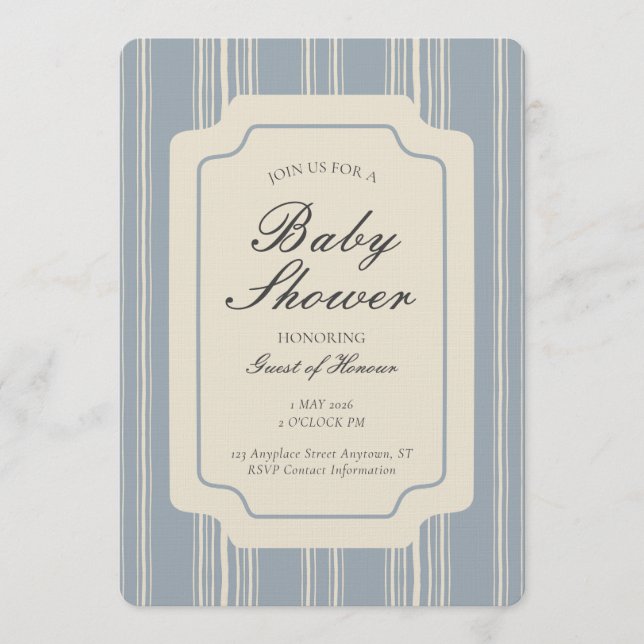 Simple Gender Neutral Geometric Stripe Blue Beige Invitation (Front)