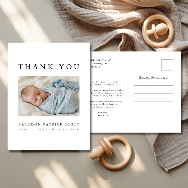 Simple Gender Neutral Thank You Baby Photo Birth Announcement Postcard (Creator Uploaded)
