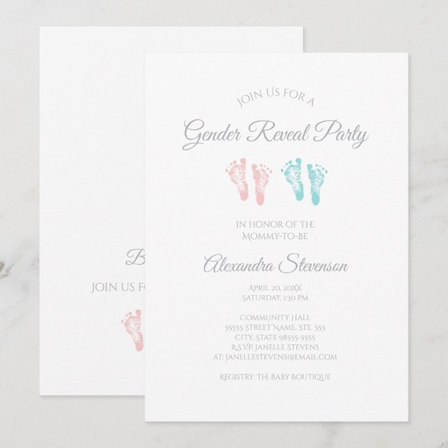 Simple Gender Reveal Baby Shower Cute Footprints Invitation (Front/Back)