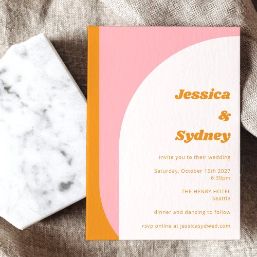 Simple Geometric Arch Pink and Orange Wedding Invitation