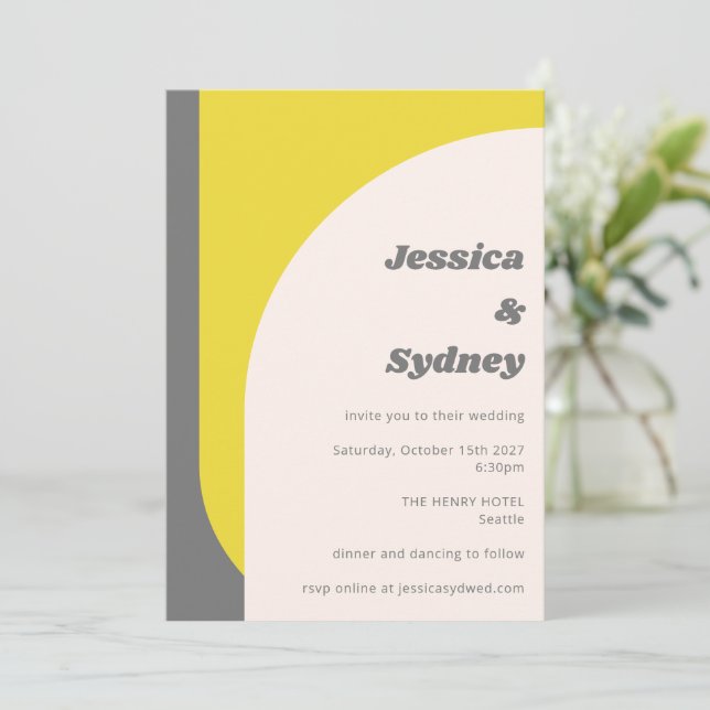 Simple Geometric Arch Yellow Gray Wedding Invitation (Standing Front)
