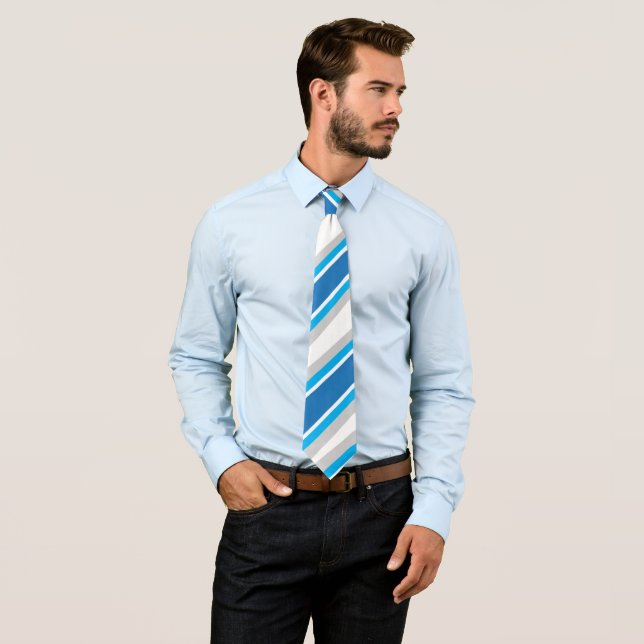 Simple Geometric Blue White Grey Striped Neck Tie (In Situ)