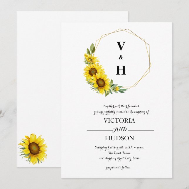 Simple Geometric Gold Sunflower  Invitation (Front/Back)
