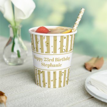 Simple Geometric Gold/white Stripe Happy Birthday Paper Cups by NancyTrippPhotoGifts at Zazzle