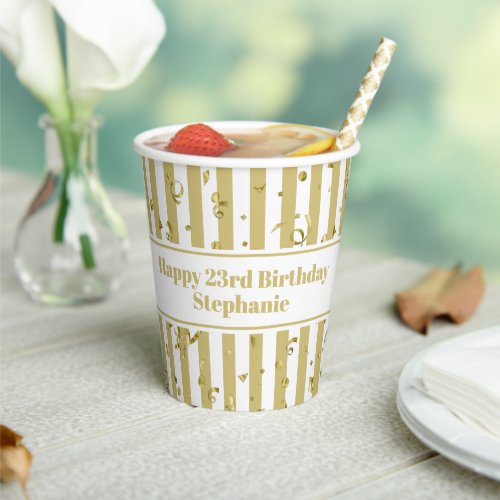 Simple Geometric GoldWhite Stripe Happy Birthday Paper Cups