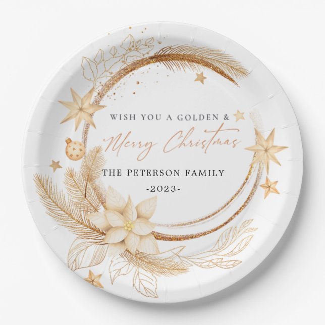 Simple Geometric Golden Floral Christmas  Paper Plates (Front)