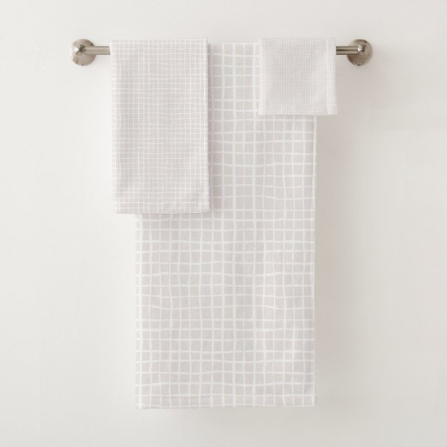 Simple geometric Grid beige white neutral check Bath Towel Set (Insitu)