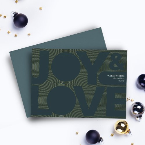 Simple Geometric Joy Love Green and Gold Foil Holiday Card