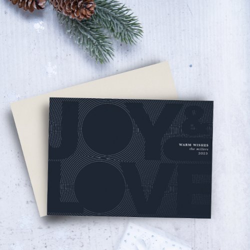 Simple Geometric Joy Love Navy Blue and Silver Foil Holiday Card
