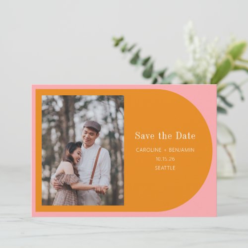 Simple Geometric Pink Orange Typography Photo Save The Date