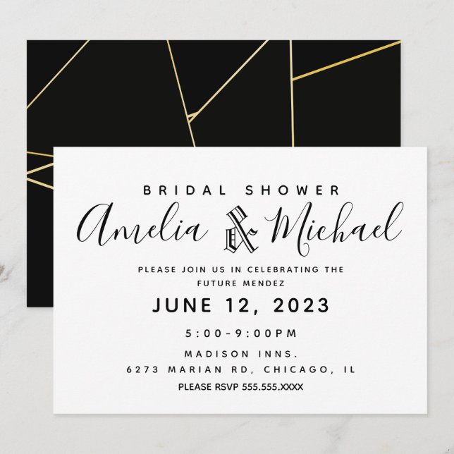 Simple Geometrical Gold and Black Bridal Shower Invitation (Front/Back)