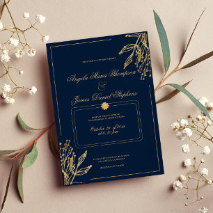 Simple geometrical navy blue gold floral weddding invitation