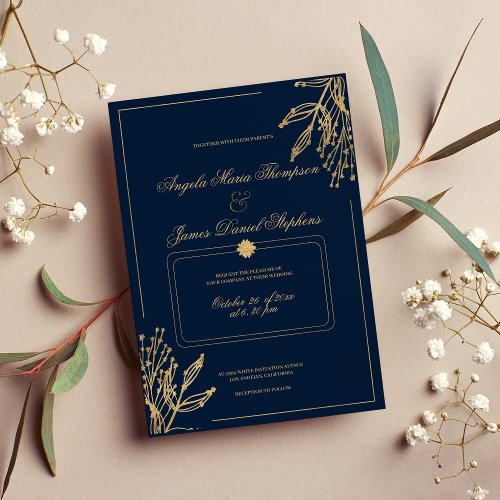 Simple geometrical navy blue gold floral weddding  invitation