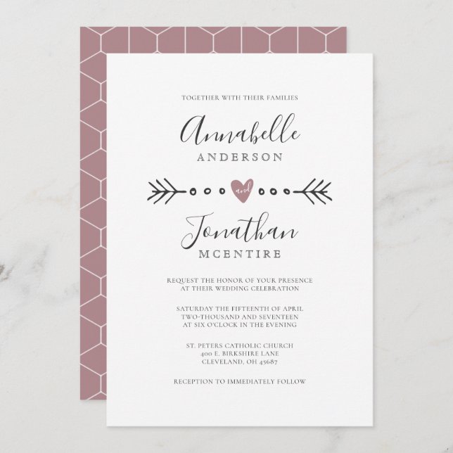 Simple Geometry Heart and Arrow Dusty Rose Wedding Invitation (Front/Back)