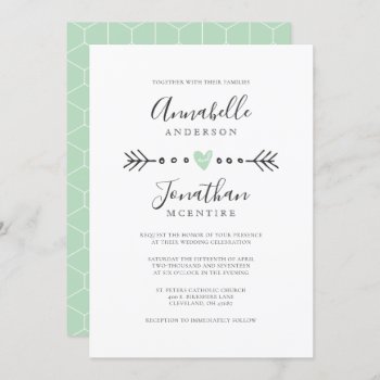 Simple Geometry Heart And Arrow Mint Green Wedding Invitation by ModernMatrimony at Zazzle