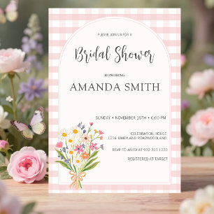 Simple Gingham Pink Floral Bridal Shower Invitation