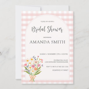 Simple Gingham Pink Floral Bridal Shower Invitation