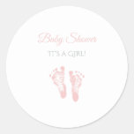 Simple Girl Baby Shower Precious Pink Footprints Classic Round Sticker at Zazzle