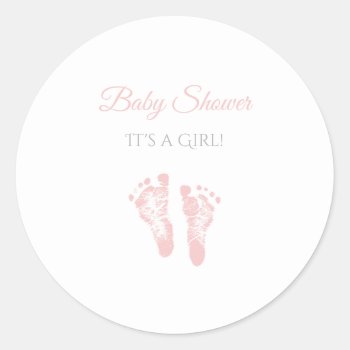 Simple Girl Baby Shower Precious Pink Footprints Classic Round Sticker by PartyPlans at Zazzle