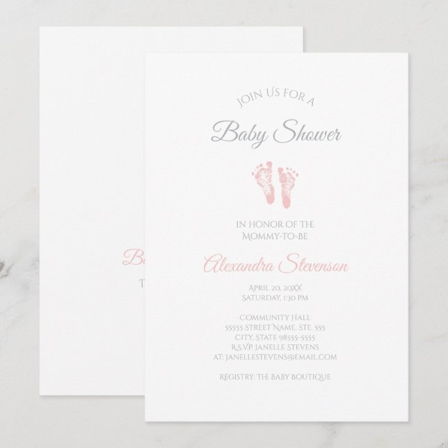 Simple Girl Baby Shower Precious Pink Footprints Invitation (Front/Back)