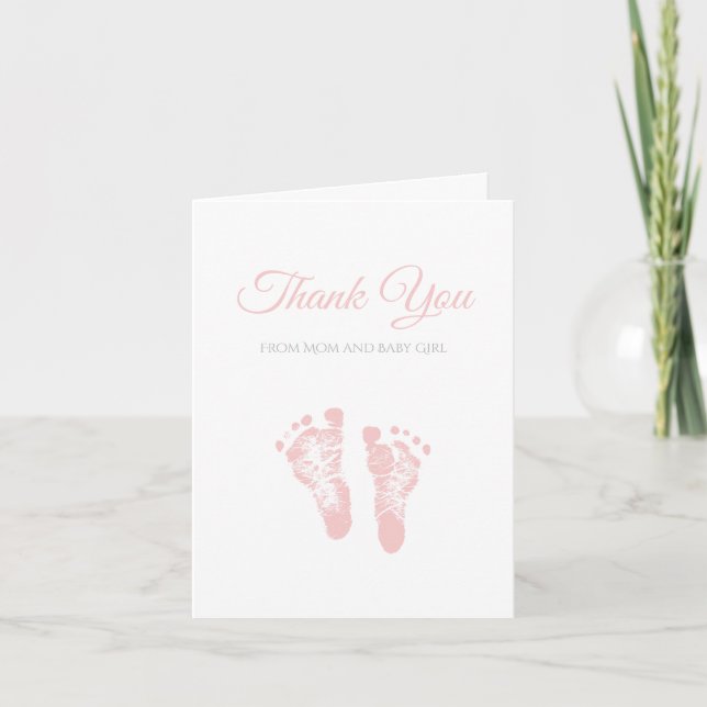 Simple Girl Baby Shower Thank You Pink Footprints Card (Front)
