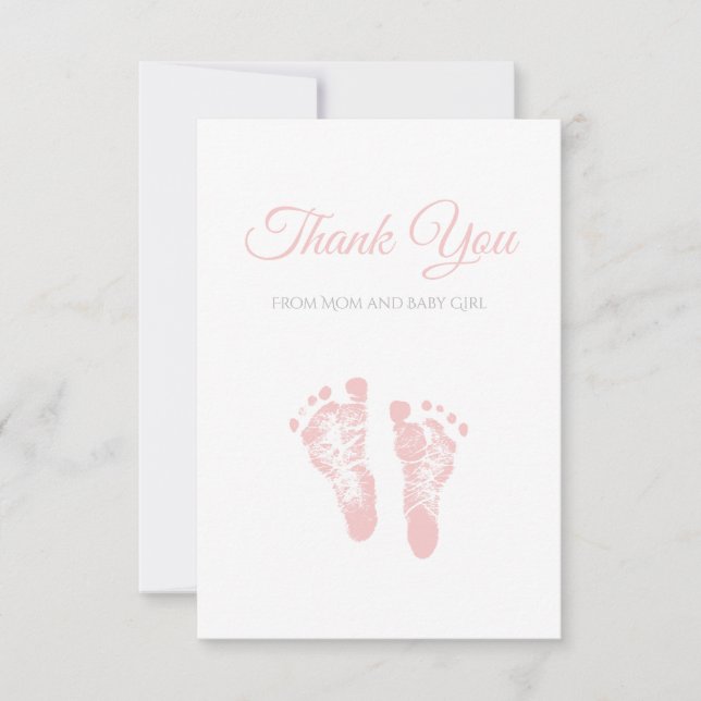 Simple Girl Baby Shower Thank You Pink Footprints Card (Front)