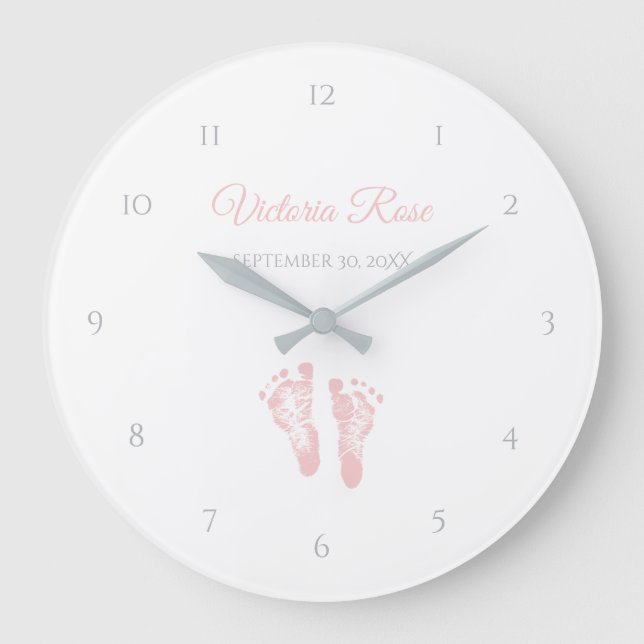 Simple Girl Birth Memento Precious Pink Footprints Large Clock (Front)