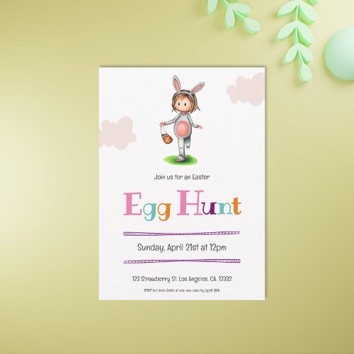 Simple Girl with Bunny Costume Easter Egg Hunt Inv Invitation