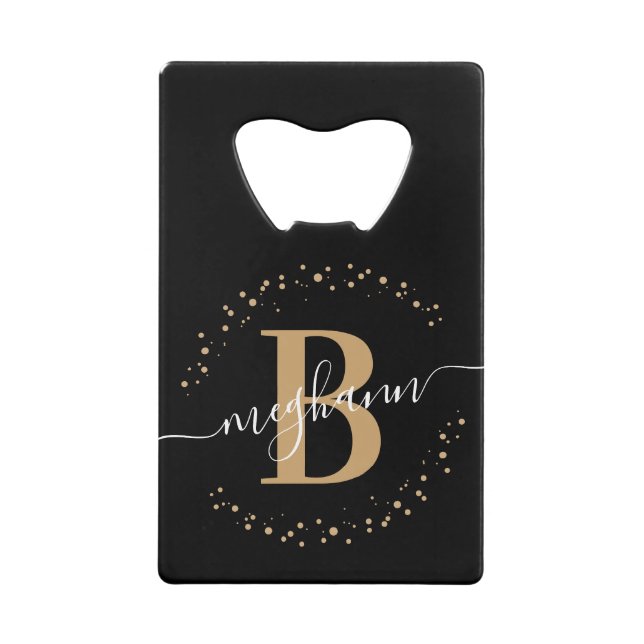 Simple Girly Black Gold Name Monogrammed Credit Card Bottle Opener (Front)