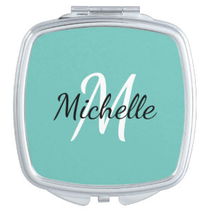 Simple Girly Blue Monogram Initial + Name Compact Mirror