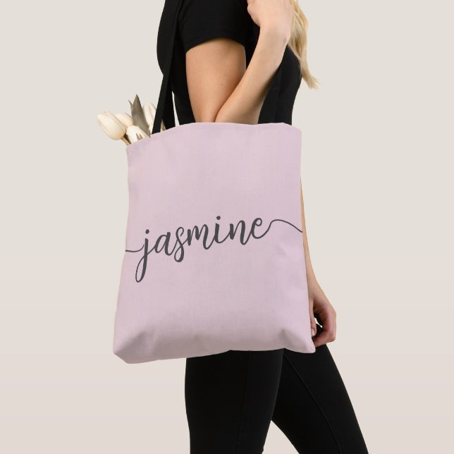 Simple Girly Blush Pink Personalized Monogram Name Tote Bag (Close Up)