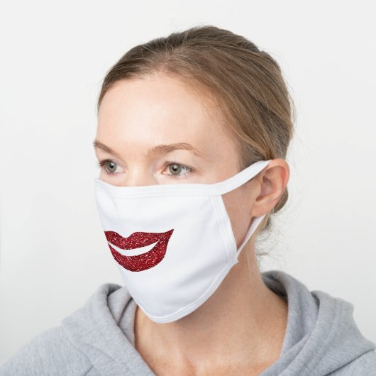 Simple Girly Faux Glitter Red Lips Smile Face White Cotton Face Mask (Angled)