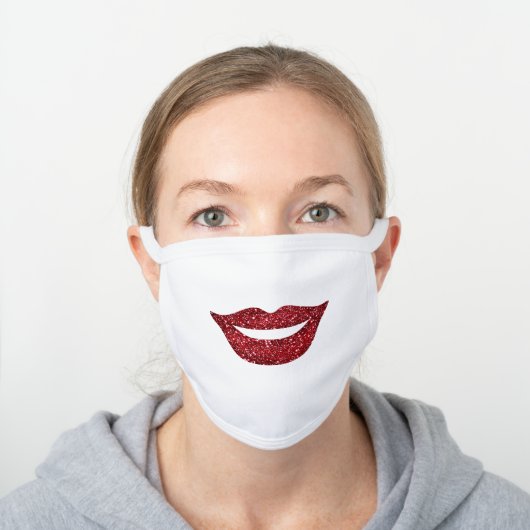 Simple Girly Faux Glitter Red Lips Smile Face White Cotton Face Mask (Worn)