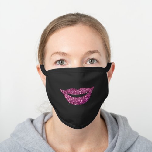 Simple Girly Faux Purple Glitter Lips Smile Face Black Cotton Face Mask