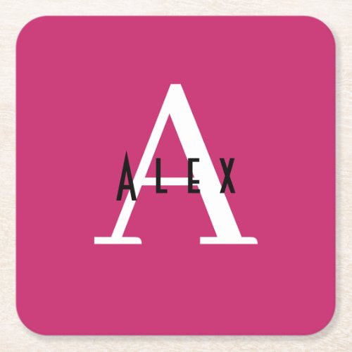Simple Girly Pink Monogram Name  Initial Square Paper Coaster