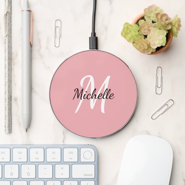 Simple Girly Pink Monogrammed Wireless Charger (Desk)