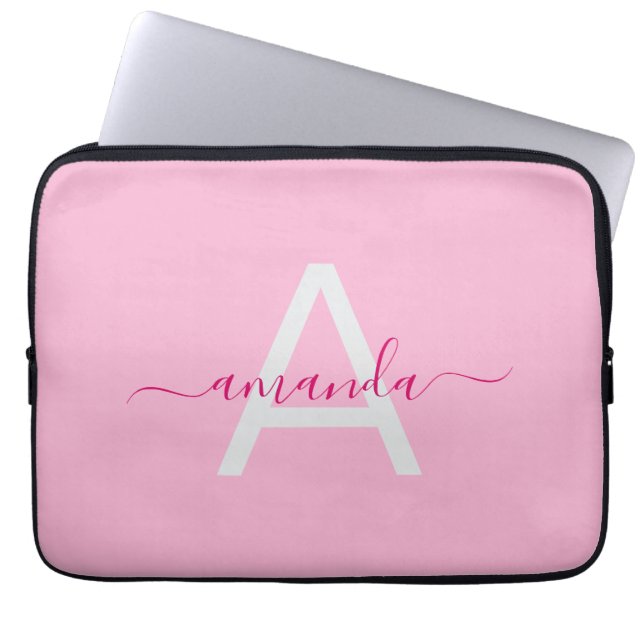 Simple Girly Pink Personalized Name & Monogram Laptop Sleeve (Front)