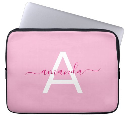 Simple Girly Pink Personalized Name  Monogrammed Laptop Sleeve