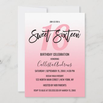 Simple Girly Pink White Gradient Ombre Sweet 16 Invitation | Zazzle