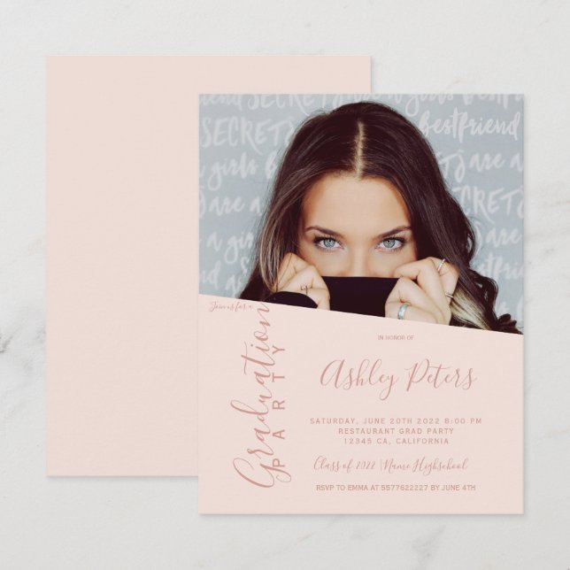Simple girly typography blush photo graduation invitation (Front/Back)