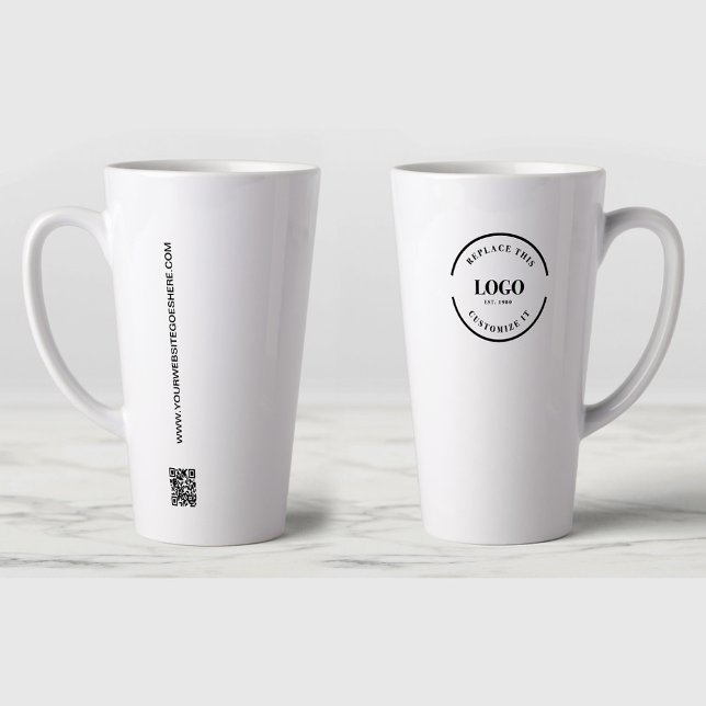 Simple Giveaway Business Logo QR code Custom Latte Mug (Branded Latte mugs with logo, website and QR code.)