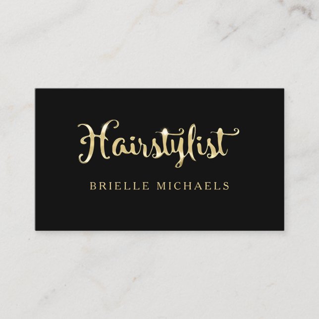 Simple Glamour FAUX Black and Gold Hairstylist Business Card (Front)