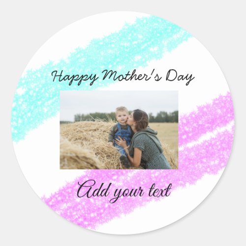 Simple glitter pink blue mothers day add name phot classic round sticker