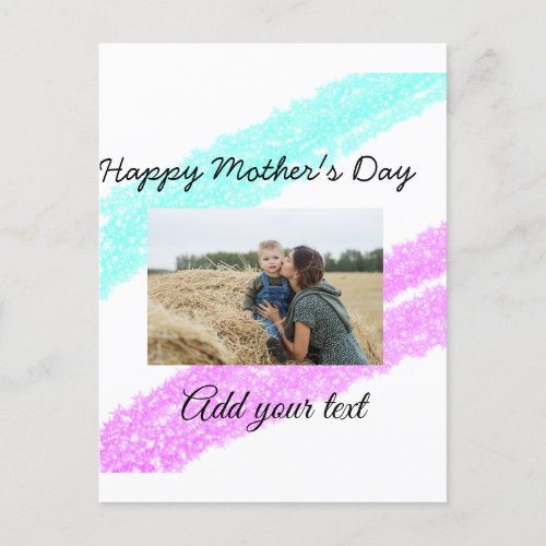 Simple glitter pink blue mothers day add name phot postcard