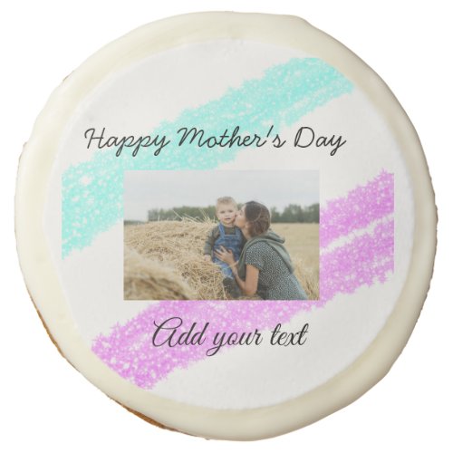 Simple glitter pink blue mothers day add name phot sugar cookie