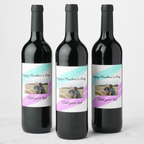 Simple glitter pink blue mothers day add name phot wine label