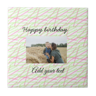 Simple glitter red green add your photo birthday ceramic tile