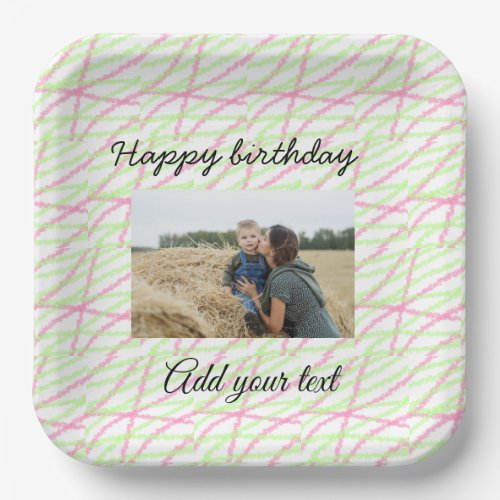 Simple glitter red green add your photo birthday   paper plates