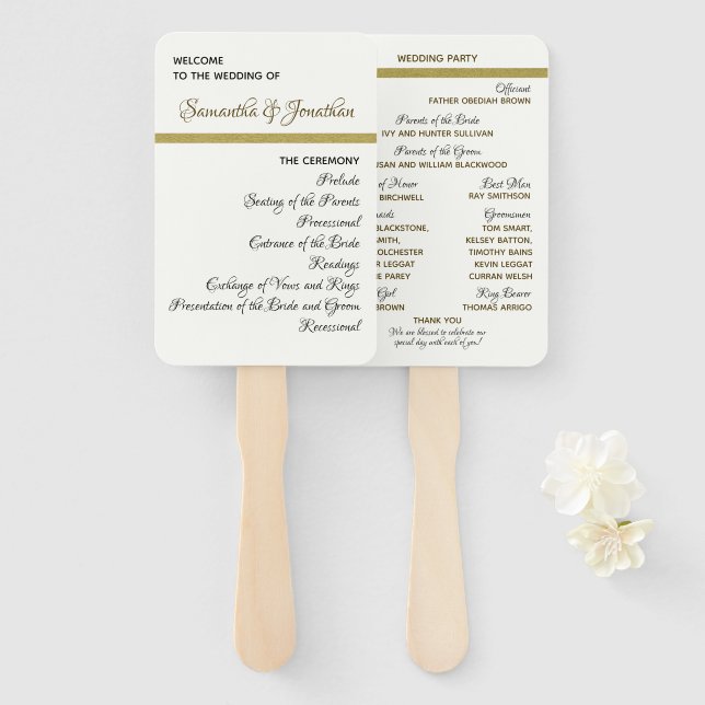 Simple Gold Accent Wedding Ceremony Program Fans (Front and Back)
