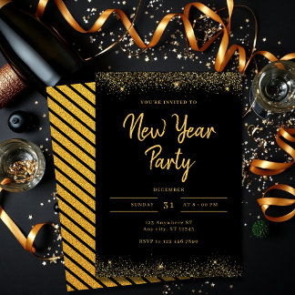 Simple Gold and Black Sparkle New Year Party Invitation